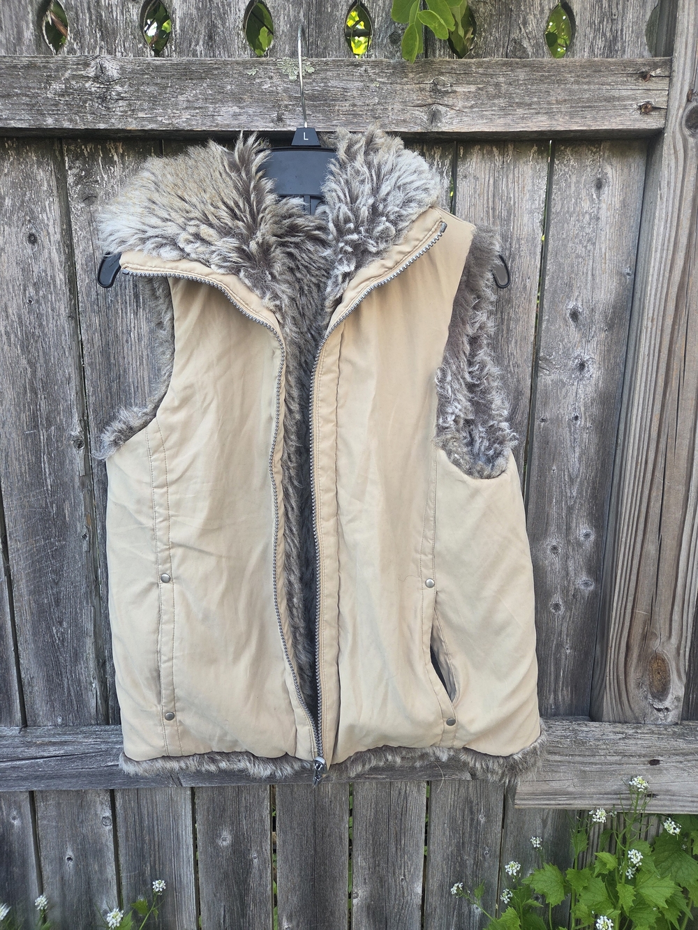 Weatherproof Tan Puffer Vest with Gray Faux Fur Trim